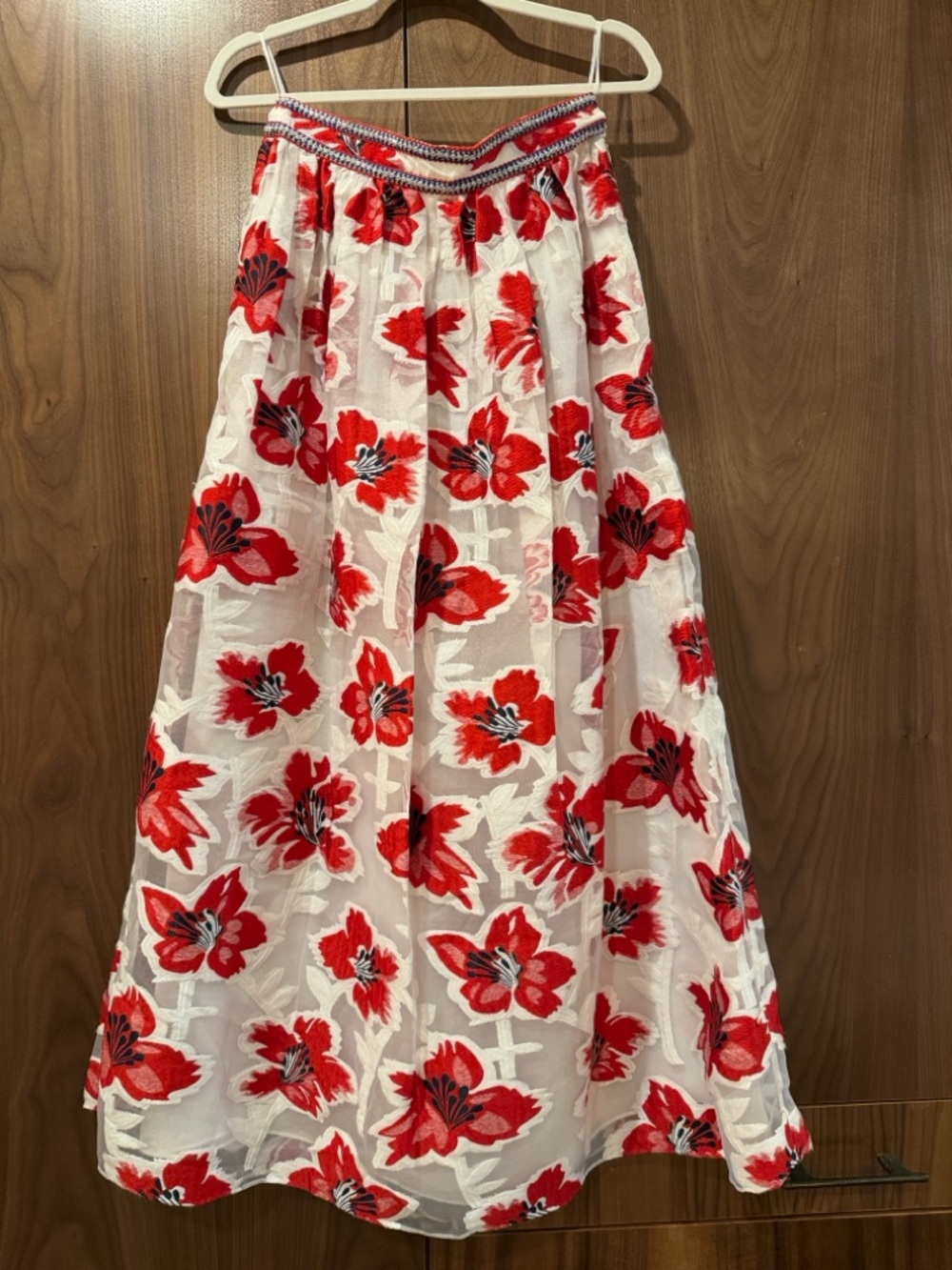 Tory Burch White Maxi Skirt with Red Floral Embroidery